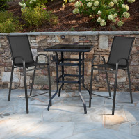 Flash Furniture TLH-073H092H-B-GG 3 Piece Outdoor Glass Bar Patio Table Set with 2 Barstools